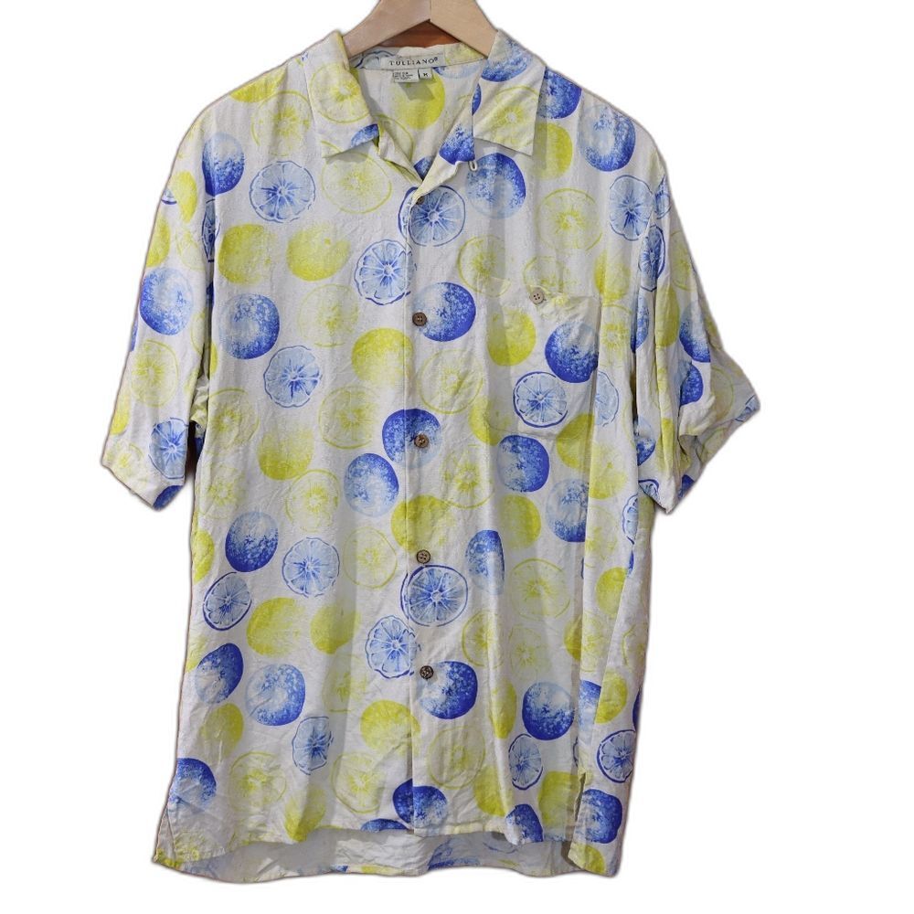 Tulliano 100% Silk Blue & Yellow Playful Print Button Down Shirt Medium
